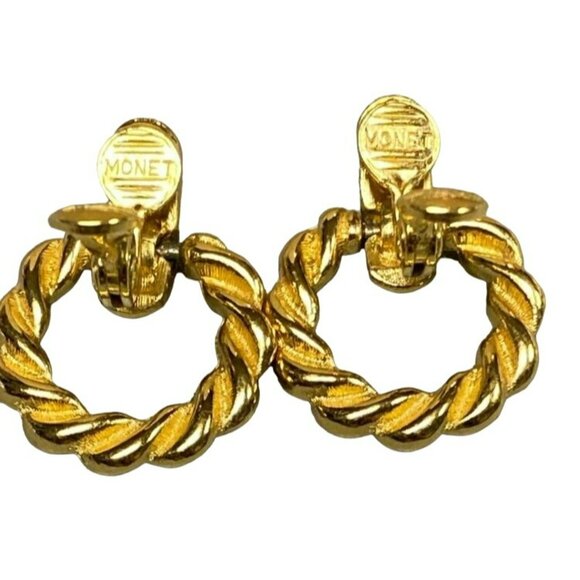 Vintage Monet Gold-Tone Twisted Rope Clip-On Hoop Earrings - Picture 6 of 6